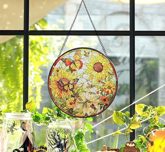 Sunflower Suncatcher Stained Glass- Sunflower Gifts for Women, Stained Glass Window Hanging, 7.87inch Handmade Stained Glass Hanging Decor for Valentine's Day Mother's Day Ornaments Festival Gift