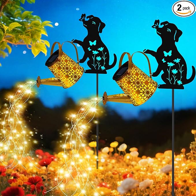 Solar Lights Outdoor, Dog Solar Watering Can Lights, Birthday Gifts for Women Mom Mother's Day Christmas, Waterproof Metal Hanging Lantern Garden Decor Outside Patio Yard Pathway Backyard, 2 Pack