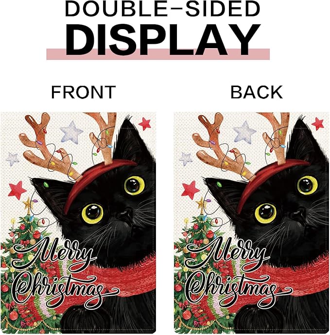 Black Cat Garden Flags for Outside Set of 12, Kitten Welcome Seasonal Garden Flags 12x18 Double Sided for All Seasons and Holidays, Fall Halloween Winter Christmas Yard Flag for Outdoor Decor