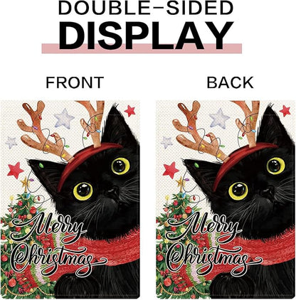 Black Cat Garden Flags for Outside Set of 12, Kitten Welcome Seasonal Garden Flags 12x18 Double Sided for All Seasons and Holidays, Fall Halloween Winter Christmas Yard Flag for Outdoor Decor