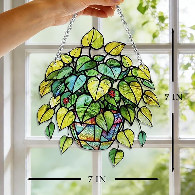 Plant Suncatcher Glass, Stained Glass Suncatcher Plant Window Hanging, Unique Nature Lover Gifts Leaf