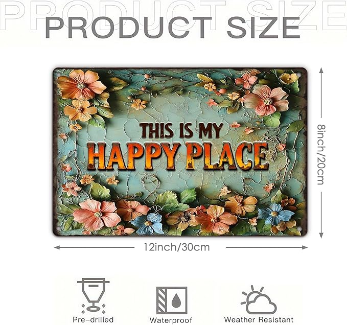 Garden Signs for Outside, Funny Metal Signs for Porch Garden Patio Yard - This is My Happy Place, Vintage Gardening Gifts for Women, Wall Decor 12" x 8"