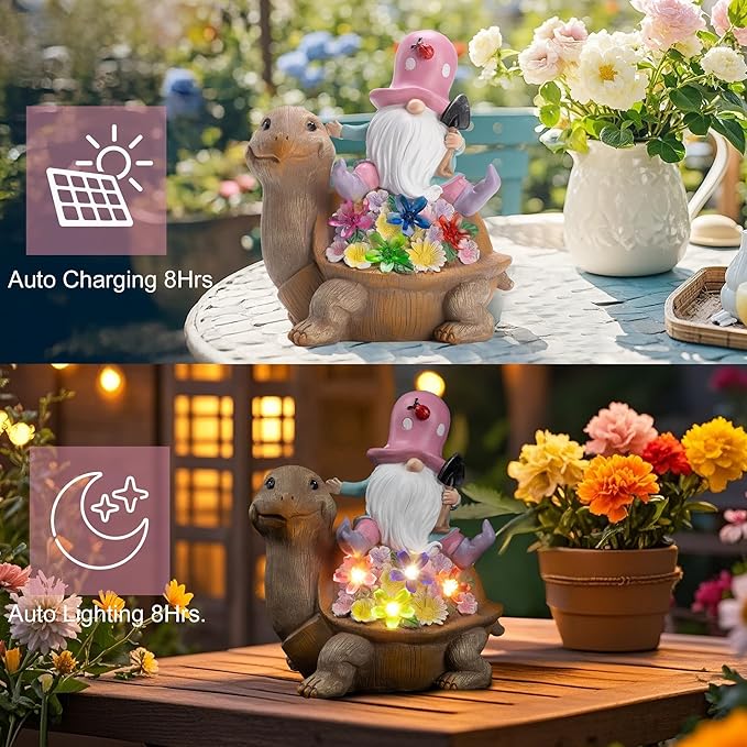 Etlemonde Solar Gnomes Outdoor Turtle Garden Statue for Yard with Outdoor Decorations for Patio Mom Gift