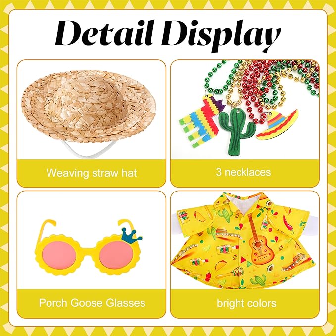 6 Pcs/Set Hawaiian Porch Goose Outfits, Mexican Style Summer Lawn Goose Costume, Garden Goose Clothes Yellow Shirt with Straw Hat Glasses Necklaces for 23" H Statue Outdoor Patio Yard Decor