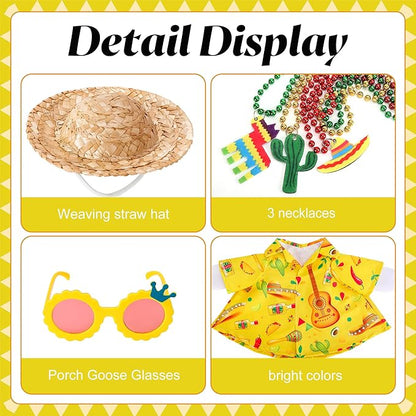 6 Pcs/Set Hawaiian Porch Goose Outfits, Mexican Style Summer Lawn Goose Costume, Garden Goose Clothes Yellow Shirt with Straw Hat Glasses Necklaces for 23" H Statue Outdoor Patio Yard Decor