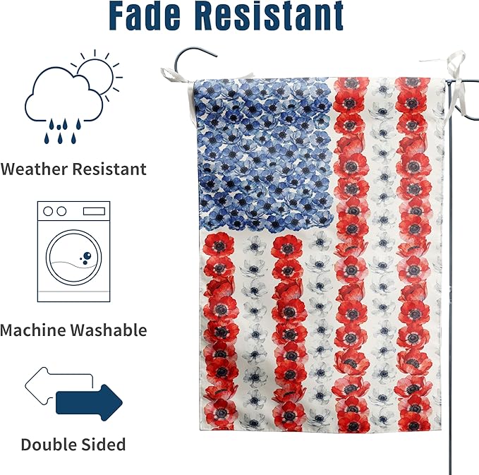 Patriotic Flower American Garden Flag Spring Summer Yard Decor 4th of July Memorial Independence Day Decorations Red White Blue Poppy Banner for Outside 28x40 Double Sided