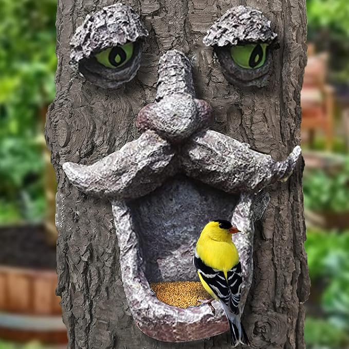 Tree Faces Bird Feeder,Tree Faces Decor Outdoor,Old Man with Glowing Eyes in Dark,Yard Art Sculpture,Spring Garden Decor,Gift