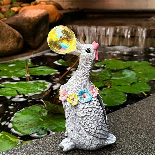 Solar Garden Duck Statue with LED Lights, Waterproof Outdoor Decor for Patio Lawn Yard, Cute Resin Duck Ornament with Unique Bubble Design, Ideal Gift for Women Mom-Gary