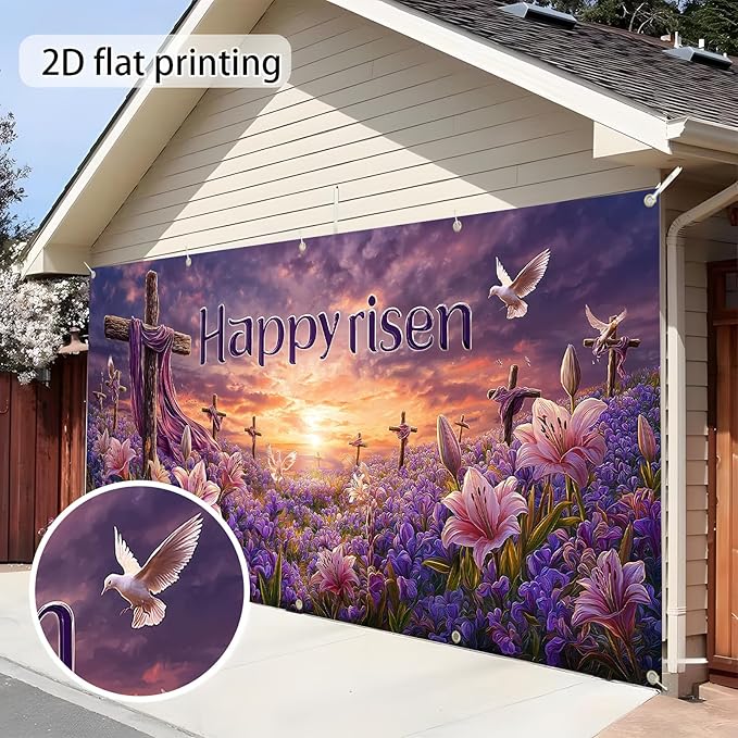 Easter Garage Door Banner Cover, Easter Cross Flowers Spring Party Backdrop Decor, Garage Door Cover For Outdoor Yard Holiday Decoration