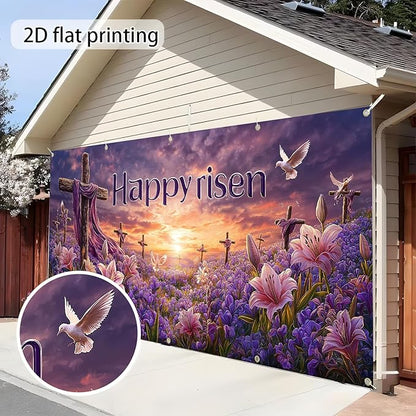 Easter Garage Door Banner Cover, Easter Cross Flowers Spring Party Backdrop Decor, Garage Door Cover For Outdoor Yard Holiday Decoration