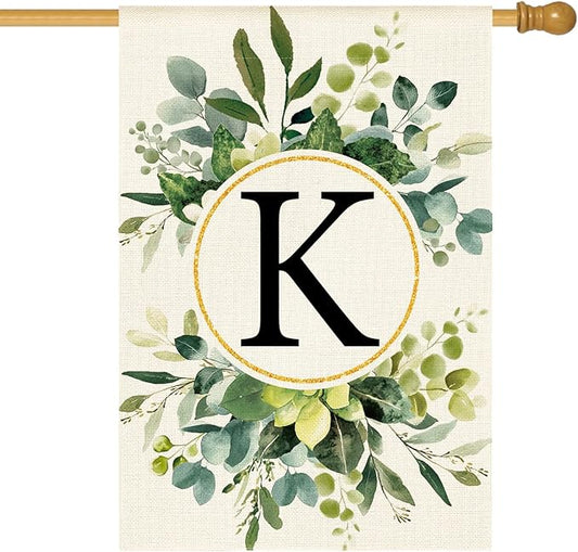 AVOIN colorlife Monogram Letter K Floral House Flag 28x40 Inch Double Sided Outside, Family Last Name Initial Yard Outdoor Decoration