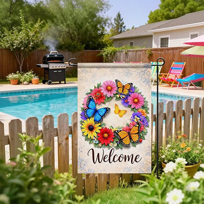 IVN Butterfly Garden Flag 12x18 Inch – Welcome Floral Wreath Outdoor Flag, Double Sided Burlap Spring Summer Yard Flag for Porch Lawn Patio Decor