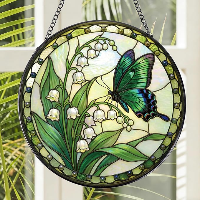 Rngmsi Stained Glass Window Hanging, 7.8″ Lily of The Valley Butterfly Sun Catchers Indoor Window Decor, Decorative Suncatchers Hanging Ornaments Home Garden Art Gift for Housewarming