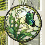 Rngmsi Stained Glass Window Hanging, 7.8″ Lily of The Valley Butterfly Sun Catchers Indoor Window Decor, Decorative Suncatchers Hanging Ornaments Home Garden Art Gift for Housewarming