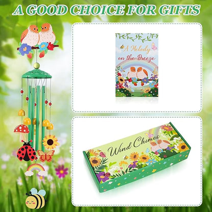 Green Hummingbird Wind Chimes for Outside Holiday Decor with Rainbow,Butterfly,Bee,Ladybug and Gift Box Metal Wind Chime for Porch Garden Patio