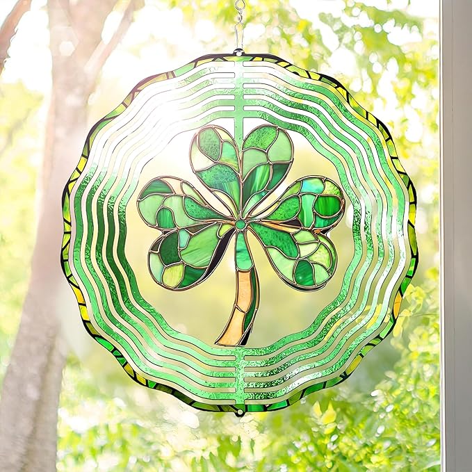 St. Patricks Day Wind Spinner-Outdoor Hanging Decorations Green Clover Shamrock Wind Spinners for Yard and Garden Stainless Steel Windspinners for Outside Hanging Ornament Gifts for Friends Neighbors