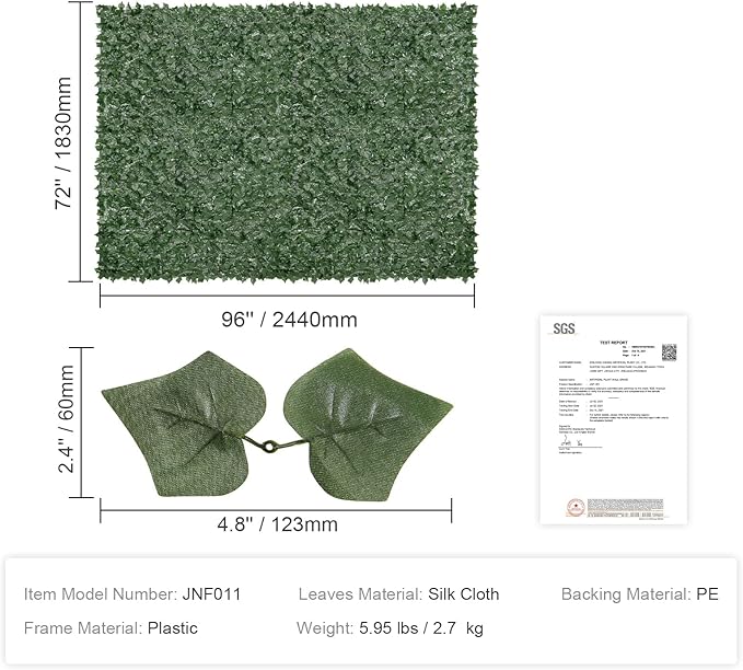 VEVOR Artificial Ivy Privacy Fence Screen, 96 x 72 in Faux Ivy Vine Leaf Hedges Fence, Greenery Privacy Fence with Mesh Cloth Backing, Green Wall Decoration for Outdoor Garden, Yard, Balcony