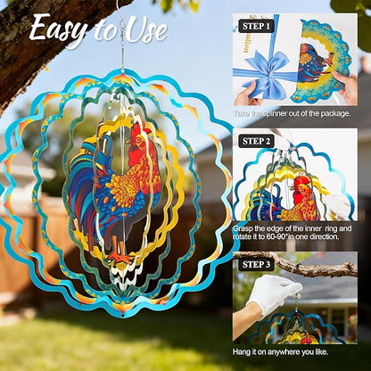 Stainless Steel 3D Chicken Wind Spinner Garden Yard Patio Porch Decor, Birthday Gifts for Women Mom Grandma, 12 Inch Hanging Rooster Wind Spinners Outdoor Chicken Coop Decoration