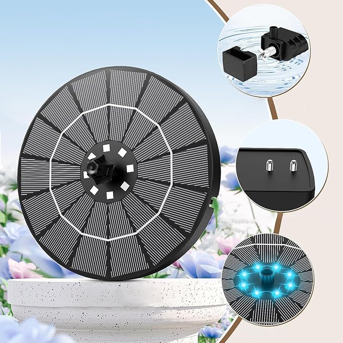 Solar Bird Bath Fountain Pump - 8 Spray Patterns, Floating Nozzle, Birdbath Fountain Kit, Garden Pond Aerator Decor