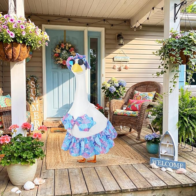 Abbylike 1 Set Bikini Porch Goose Outfit Summer Shell Goose Costume Hawaiian Geese Clothes with Sun Hat Sunglass Fits 23'' Statue Cement for Beach Yard Garden Lawn Pathway Patio Pool Decoration
