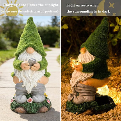 Mischeievous Garden Gnome Statues Solar Lighting - Resin Forest Guardian with Moss Hat&Warm Light Solar Lantern，Funny Outdoor Yard Statue Decor for Patio, Lawn, Fairy Garden Gift