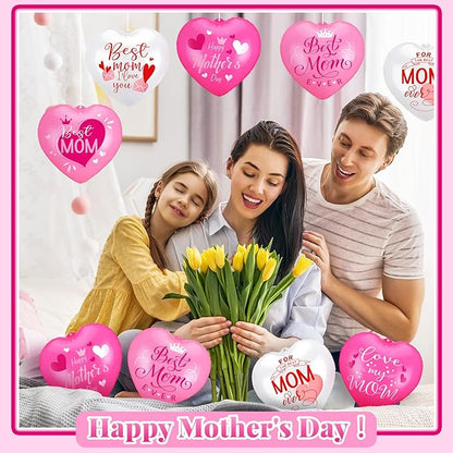 18 Pcs Happy Mother's Day Inflatable Heart Yard Decorations Large Mother's Day Heart Inflatable Hanging Ornament Giant PVC Outdoor Decoration for Mothers Day Garden Lawn Party