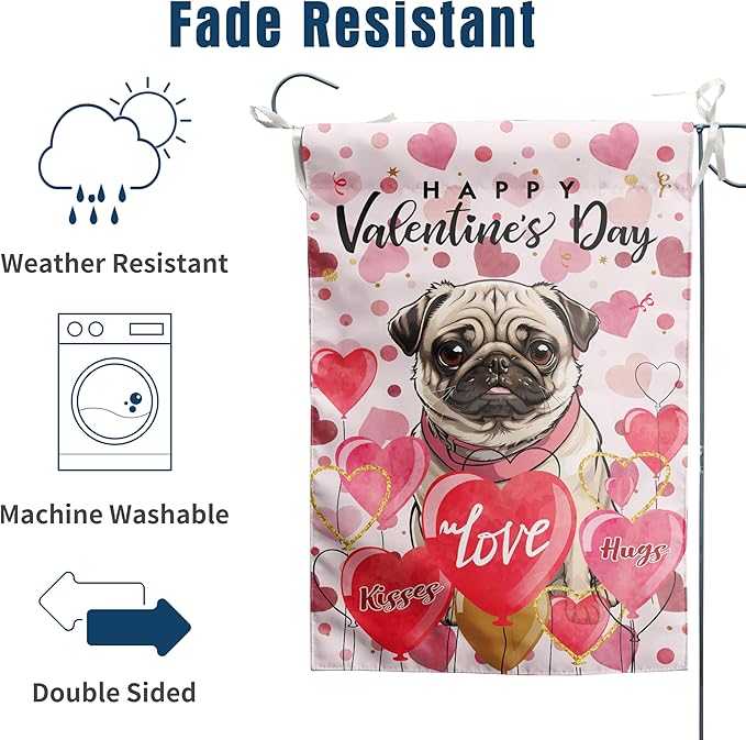 Pug Valentine Garden Flag Valentines Day Flags for Outside 12x18 Double Sided Small Yard Flags Dog Valentine's Day Decor Outdoor Lawn Valentines Banner