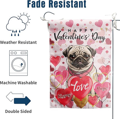 Pug Valentine Garden Flag Valentines Day Flags for Outside 12x18 Double Sided Small Yard Flags Dog Valentine's Day Decor Outdoor Lawn Valentines Banner