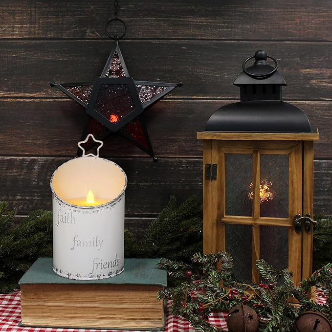 CVHOMEDECO. Vintage Galvanized Can Flameless LED Candle, Real Wax in Antique Galvanized Jar FFF Flickering Candle with Remote Control for Tabletop Wall Decor. H 8 Inch, Cream