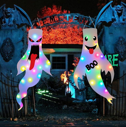 Halloween Decorations Outdoor Indoor, 2 Pack Light Up Ghost Decorations with LED Lights, Hanging Ghost Halloween Decor for Yard Porch Garden Lawn Party (1A-2Pack)