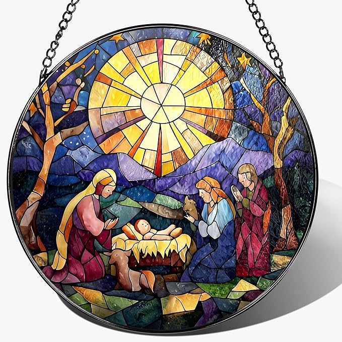8'' Nativity Stained Glass Suncatcher, Window Hanging Decor, Religious Christmas Ornament, Christian Holiday Decor, Christian Gifts, Religious Gifts, Gift for Christmas