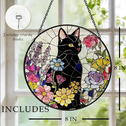 Cat Stained Glass Suncatcher Window, Hanging Sun Catchers Indoor Window, Suncatcher for Mom/Women (Black Cat & Flower)