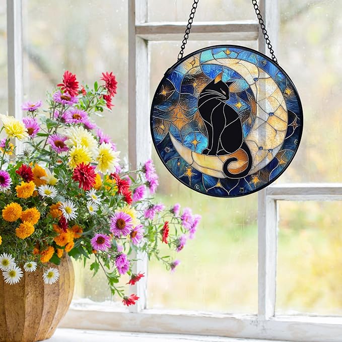 Cat Suncatcher, Black Cat on Moon Suncatchers Stained Glass Window Hanging, Celestial Moon and Star Sun Catchers Indoor Window Glass Round Wall Decor, 7.9x7.9in
