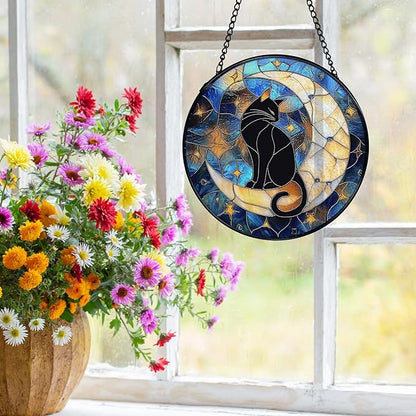 Cat Suncatcher, Black Cat on Moon Suncatchers Stained Glass Window Hanging, Celestial Moon and Star Sun Catchers Indoor Window Glass Round Wall Decor, 7.9x7.9in