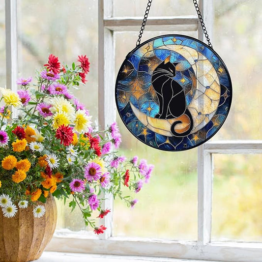 Cat Suncatcher, Black Cat on Moon Suncatchers Stained Glass Window Hanging, Celestial Moon and Star Sun Catchers Indoor Window Glass Round Wall Decor, 7.9x7.9in