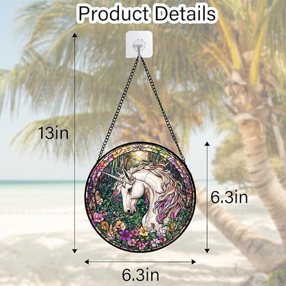 DASTOLL Stained Glass Window Hanging, Unicorn Flowers Suncatcher for Doors Home Sun Catchers Decoration and Christmas, Mother's Day Birthday Gifts for Women, Men, and Mom 6.3 in