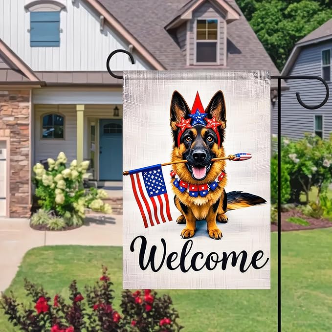 BlissYard Welcome Patriotic German Shepherd Garden Flag 12x18 Inch Double Sided Vertical Polyester Small Yard Flag American Flag Dog Outdoor Decor Lawn Garden Banner 4th of July Independence Day Decoration