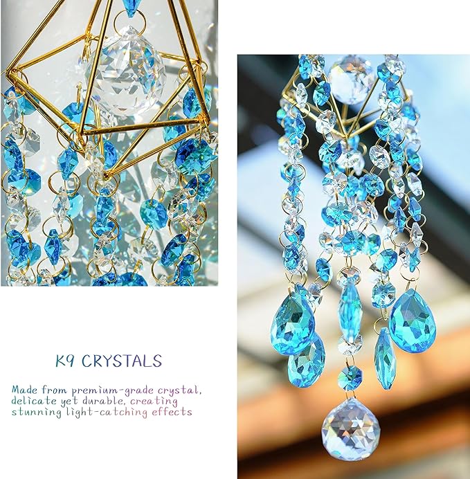 HDCRYSTALGIFTS 21.5'' Crystal Suncatchers, Handmade Blue Suncatcher for Window Hanging Crystal Wind Chimes Gold-Plated Sun Catcher with Crystals Indoor Outdoor Decoration Rainbow Maker