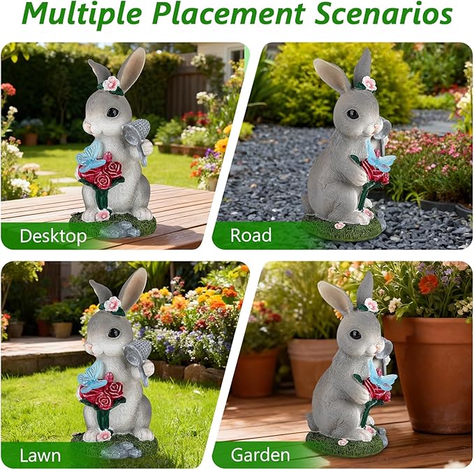Solar Garden Decor Rabbit with Butterfly Statues Outdoor, Outdoor Figurine Statue Lights, Outdoor Garden Yard Lawn Patio Decoration, Unique House Warming Birthday Present for Women Family