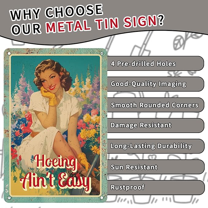 Penitue Vintage Metal Garden Sign, 12x8 Inch Rustic Metal Tin Sign Wall Plaque for Outside Patio Yard Art Decoration Funny Gardening Gifts for Women, Mom, Plant Lovers (Hoeing Ain't Easy)