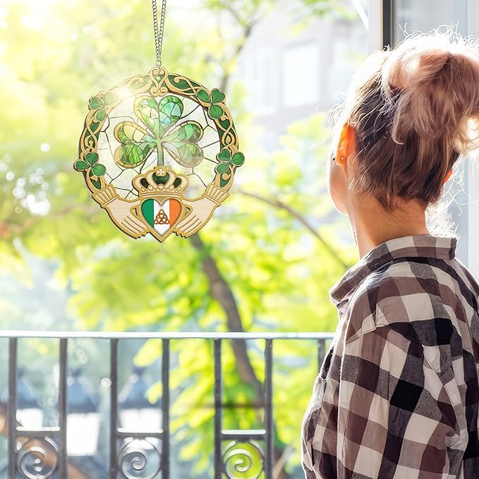 FLAGWIX St Patricks Day Decorations - Saint Patricks Day Decor Double Layered 6 inch Hanging Suncatcher - Irish Shamrock Celtic Cross Home Decoration, Gifts for Women Men, Gifts for Friends