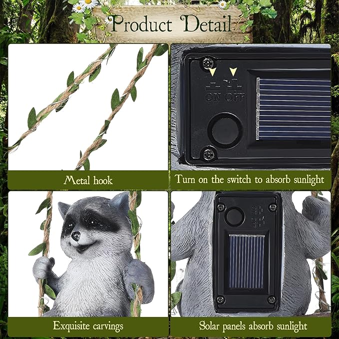 Thyle Solar Light Outdoor Raccoon Statues 19" H Hanging Raccoon on Swing with LED Light Resin Waterproof Hanging Animal Figurine with Hook for Yard Garden Wall Decoration Gift