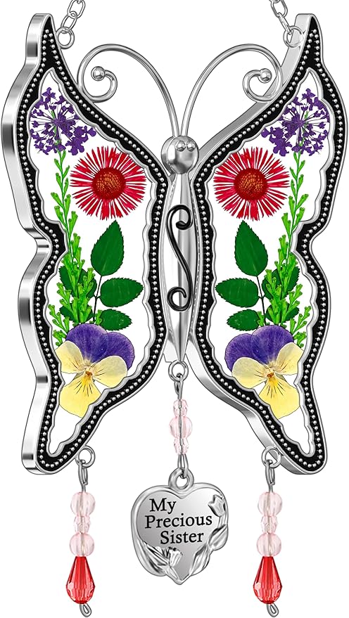 KY&BOSAM My Precious Sister Butterfly Suncatcher Stained Glass Suncatchers for Window Hanging Wind Chime Pressed Flower Wings and Heart Charm Gift for Sister Mother's Day Birthday Christmas Decor