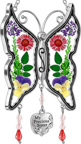 KY&BOSAM My Precious Sister Butterfly Suncatcher Stained Glass Suncatchers for Window Hanging Wind Chime Pressed Flower Wings and Heart Charm Gift for Sister Mother's Day Birthday Christmas Decor