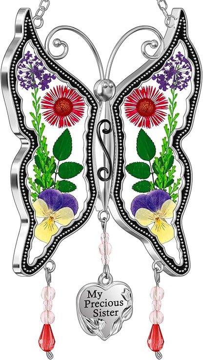 KY&BOSAM My Precious Sister Butterfly Suncatcher Stained Glass Suncatchers for Window Hanging Wind Chime Pressed Flower Wings and Heart Charm Gift for Sister Mother's Day Birthday Christmas Decor
