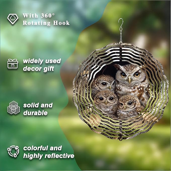 10 Inch Owl Wind Spinner, 3D Laser Cut Metal Hanging Kinetic Wind Rustproof Sculpture for Garden Yard Art Indoor Outdoor Window Porch Decor, Women Mom Wife Mothers Day Idea