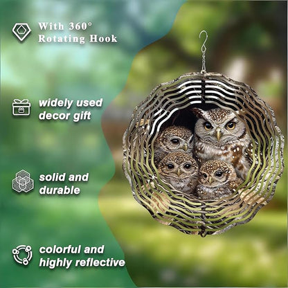 10 Inch Owl Wind Spinner, 3D Laser Cut Metal Hanging Kinetic Wind Rustproof Sculpture for Garden Yard Art Indoor Outdoor Window Porch Decor, Women Mom Wife Mothers Day Idea
