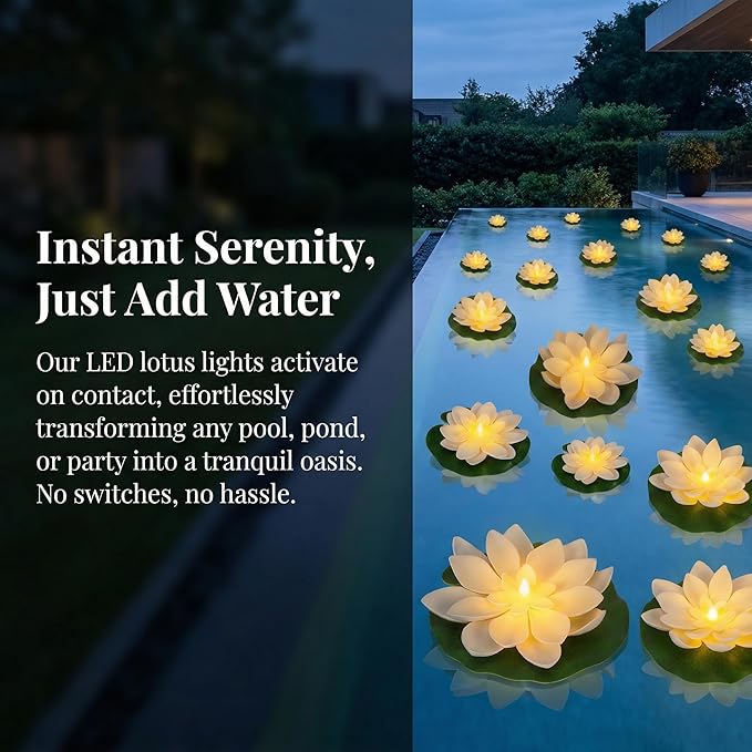 24PCS Lotus Floating Pond Lights, Warm LED LightsWaterproof Battery Powered, Floating Flowers for Pool Weddings Gardens Pond Parties Outdoor Decorations (White, 6", 4")