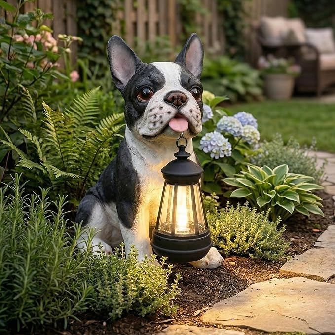 French Bulldog Statue with Solar Lantern & Double-Sided Sign, 10.6" Outdoor Dog Garden Sculpture, Waterproof Resin Frenchie Yard Art for Patio, Lawn, Porch Decoration, Gifts for Dog Lovers