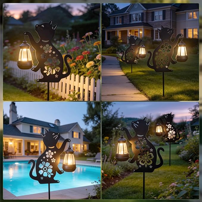 2 Pack Black Cat Solar Lights Set Metal Decorative Solar Cat Hanging Lights Outdoor Set Unisex Pet Gift Waterproof Garden Decor,Outdoor Ornament Perfect for Women' Birthdays, Mother's Day